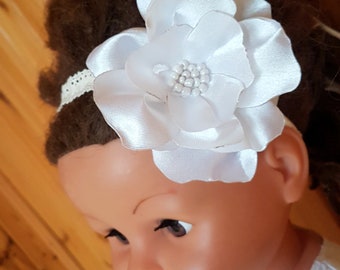 Sateen baby girl headband flower, white headband girl sateen, headband flower, festive white headband