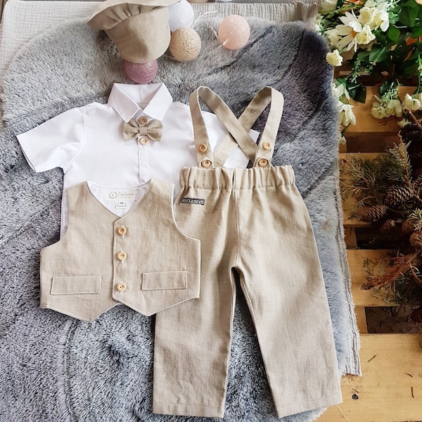 4-teiliger Jungen-Leinenanzug#Farben# reiner Leinenanzug/Weste/Mütze/Hosenträgerhose, Tauf-Baby-Leinenanzug, Hochzeits-Leinenanzug, Geburtstagsjungen-Leinenanzug