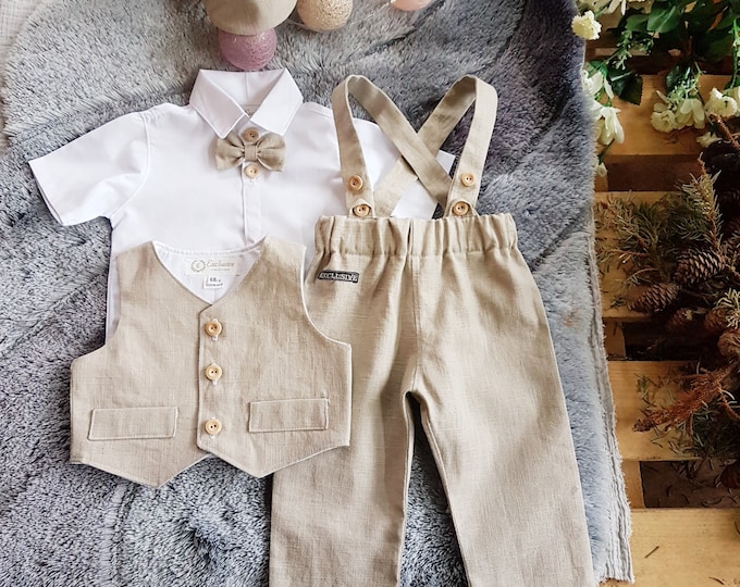 4pcs boy linen suit#colors# pure linen suit/west/hat/suspender pants, christening baby linen suit,wedding linen suit,birthday boy linen suit