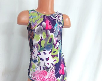 Fantastic garden girls gymnastics bodysuit, dancing leotard, lace insert lycra bodysuit, sleeveless colorful gymnastics apparel