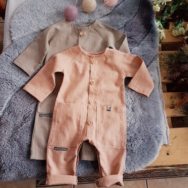 Pure linen long sleeve neutral baby boy/girl romper,newborn linen sleepsuit,linen baby playsuit/jumpsuit,Leinen strampler