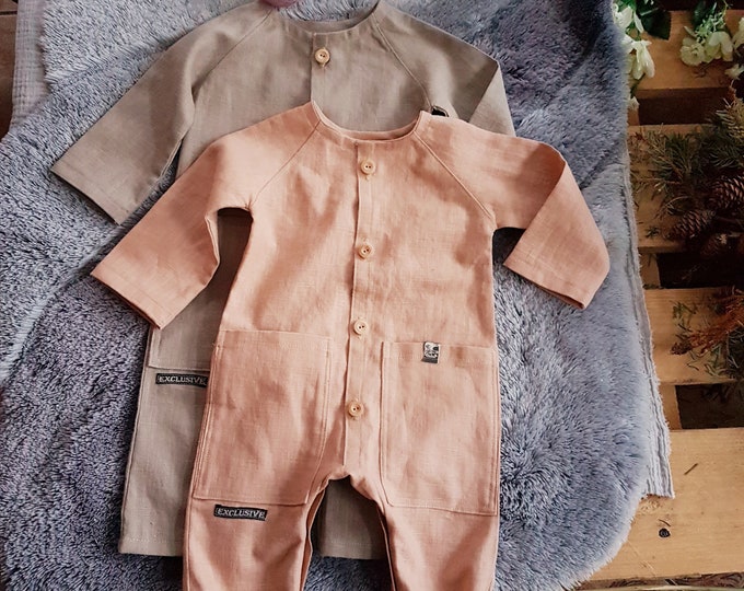 Pure linen long sleeve neutral baby boy/girl romper,newborn linen sleepsuit,linen baby playsuit/jumpsuit,Leinen strampler