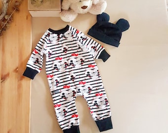 Mouse love neutral unisex romper hat set, mouse ears hat newborn baby, baby unisex Mouse print outfit, Mouse love kiss set