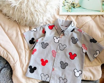 New color#Family matching women /boy & father, Men's Red Mouse ears inspired organic cotton shirt, Boy cotton mouse heads shirt,