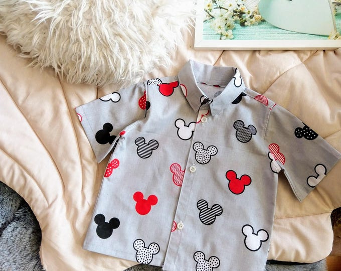 New color#Family matching women /boy & father, Men's Red Mouse ears inspired organic cotton shirt, Boy cotton mouse heads shirt,