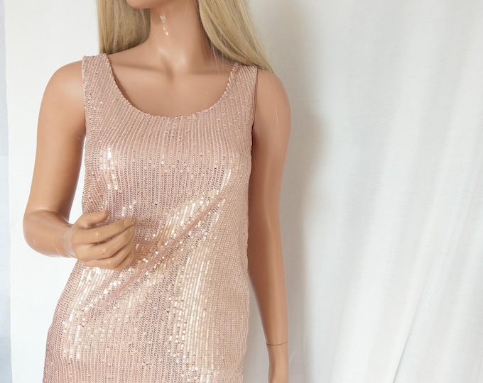 Elegant woman sparkle champagne gold sequins top, shiny golden top, sparkle sequins golden dress