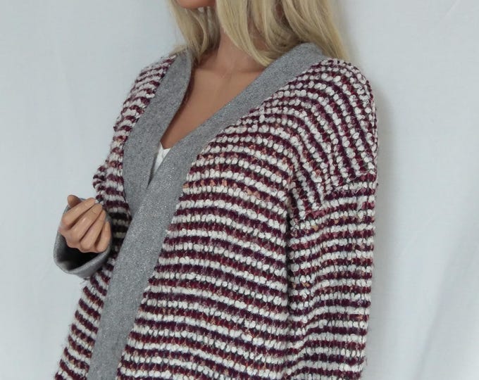 Soft wool alpaca, mohair blend cardigan, striped woolen cardigan, soft cardigan lurex silver shiny elements cardigan.