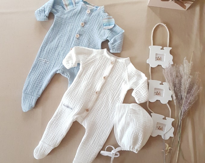 Coming home neutral Muslin double gauze footed romper,rainbow sleeping footed romper,blue sleeping Romper,Muslin overall für Neugeborene,