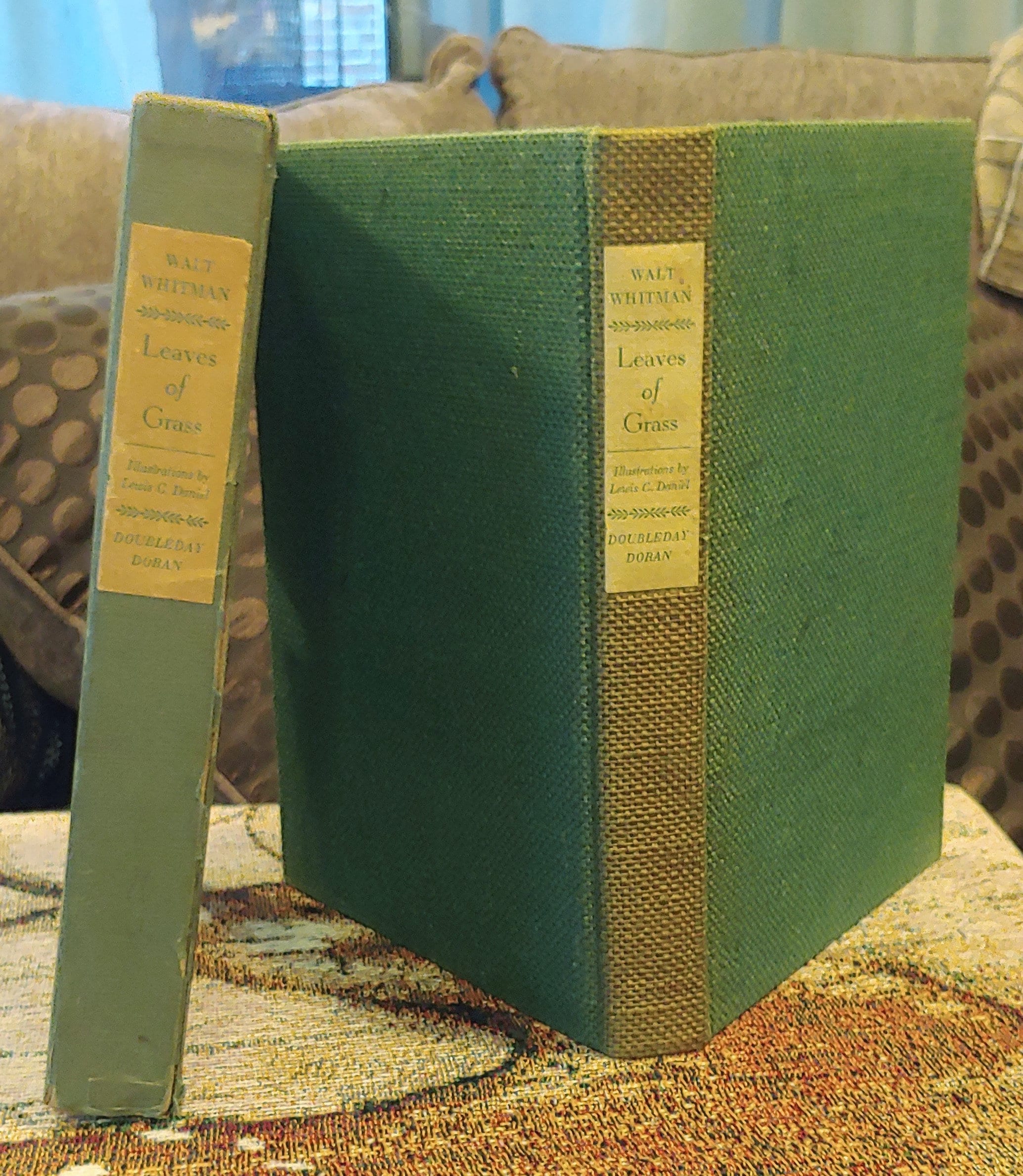 Walt Whitman, Leaves of Grass, 1940's antique Books - Green Burlap Cloth Cover, Poetry books
