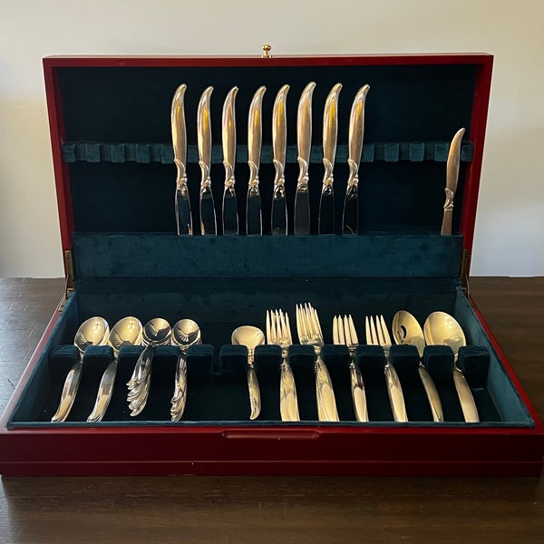 1847 Rogers Bros.  Piece Silver Plate “Flair” Flatware/Silverware Set With Chest By INTERNATIONAL SILVER. Service for 8. 1956. Discontinued.