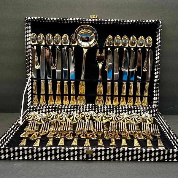 Vintage LBL Italian 24kt Gold Plated Cutlery Full Set 50 Piece Service for 12.  Made in Italy In original box.  Read description and pics.