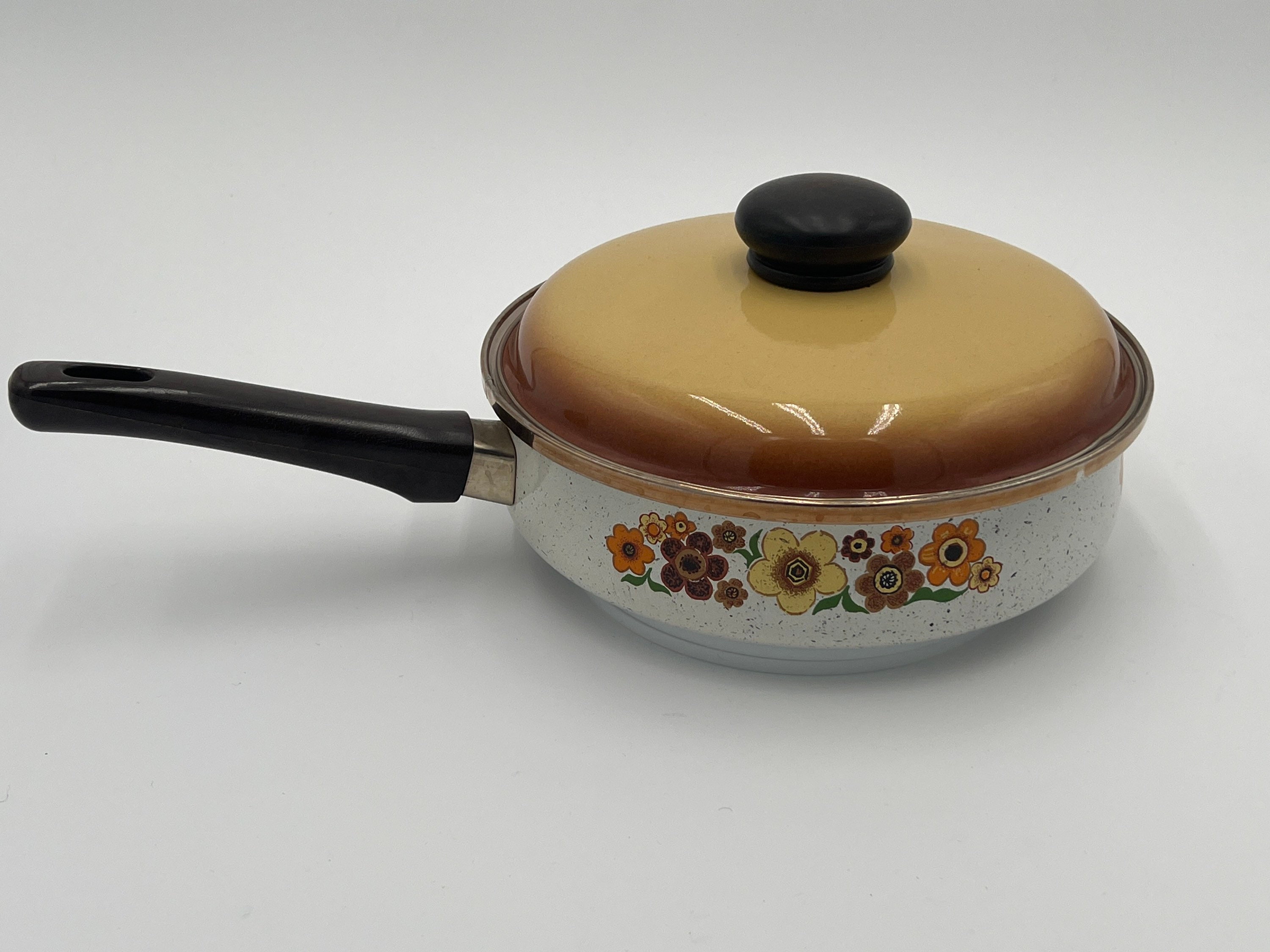 Vintage Handcrafted 8 1/2 Sauté Pan Crowning Touch Porcelain Enamel Cookware  Harvest Blossom With Lid. Made in Spain. 