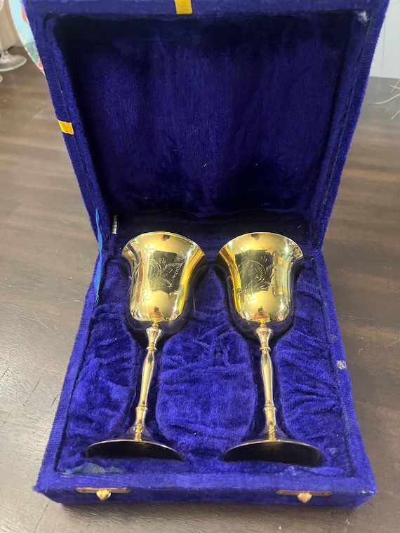 Vintage Pair Etched Brass & Silver Plate Wine Goblets in Velvet Case / Box Made  in India 