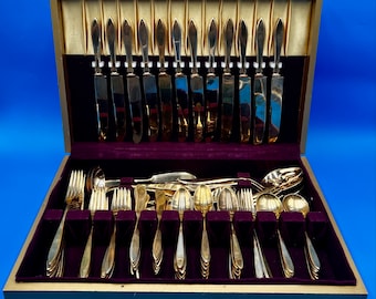 Vintage Dirilyte Dirigold Regal 89 Piece Gold Tone Flatware With Chest.  Service For 12.