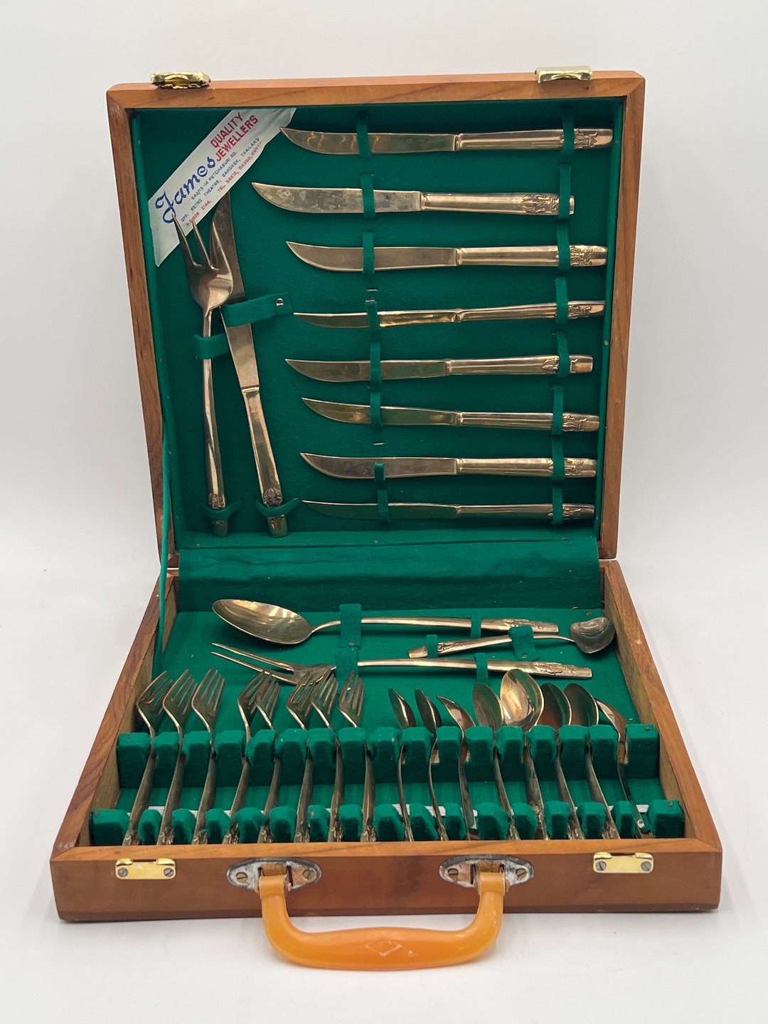 Vintage Siam Venus Flatware Bronze Goddess Bronze 29 Piece in Wood