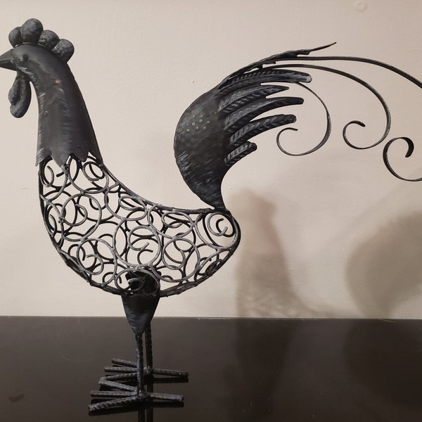 Handcrafted Metal Rooster Grey and White Vintage Hand Painted Metal Art. Metal Sculpture.  Rare.