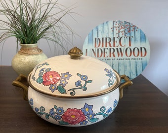 Vintage Normandy 4.5 Qt. Dutch Oven With Lid.  Pink And Blue Flowers With Ivory Porcelain Enamel.