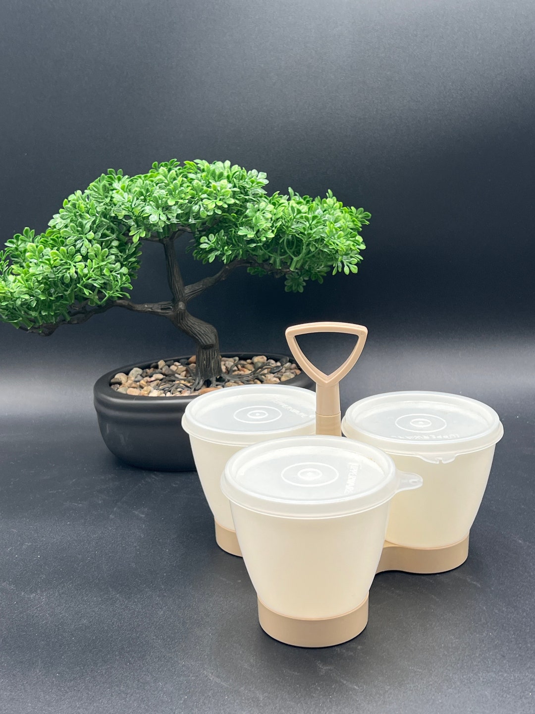 Vintage Tupperware Condiment Caddy With 3 White Bowls With Lids. 757