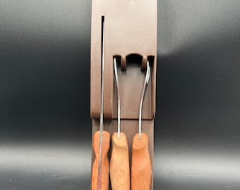 Vintage CUTCO Cutlery 3-Piece Carving Set, No. 25, 26 & 27 Wooden Handles With Mounting Tray.