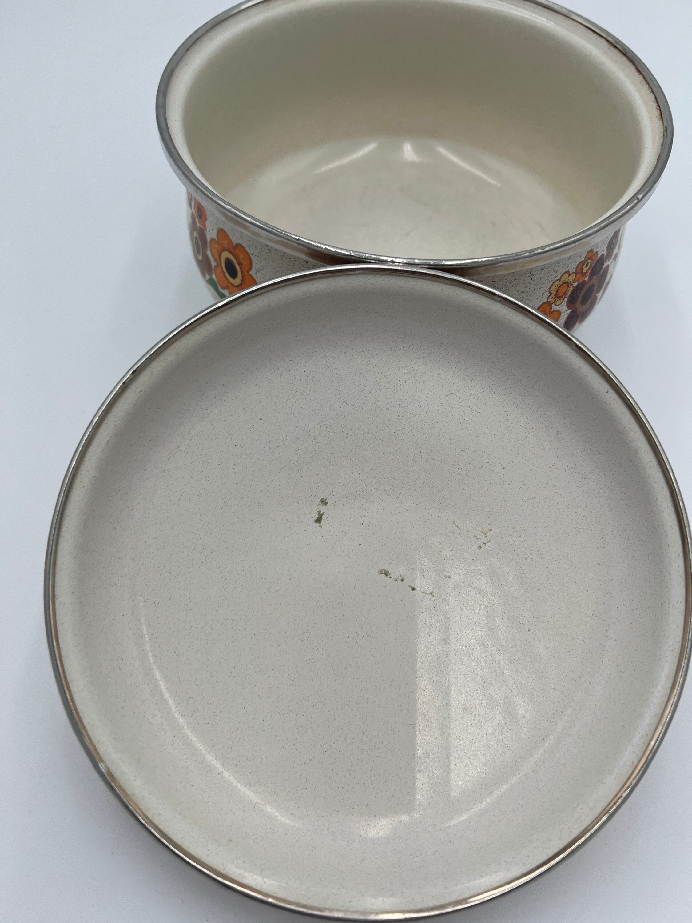 Vintage Handcrafted 1.5 Quart Sauce Pan Crowning Touch Porcelain Enamel  Cookware Harvest Blossom With Lid. Made in Spain. 