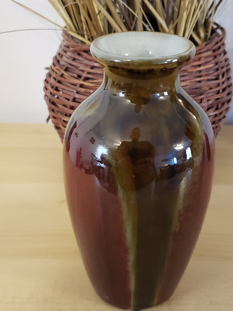 Vintage Ceramic Vase Southwestern Motif Brown Tan Black Glazed. Hand Crafted And Painted