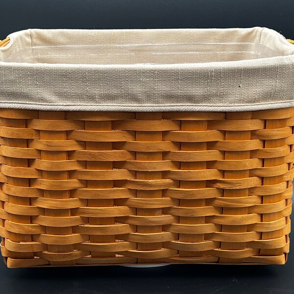 Vintage 2002 Longaberger Newspaper Wood Basket With Cornflower Yellow Liner & Plastic Insert.