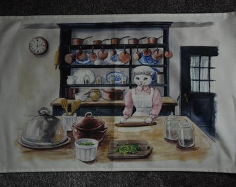 Charming Kitchen Towel with Lady White Cat in the Kitchen