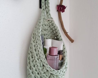 Hanging basket or storage basket for kitchen, bathroom, children's room or bedroom, made from recycled cotton cord