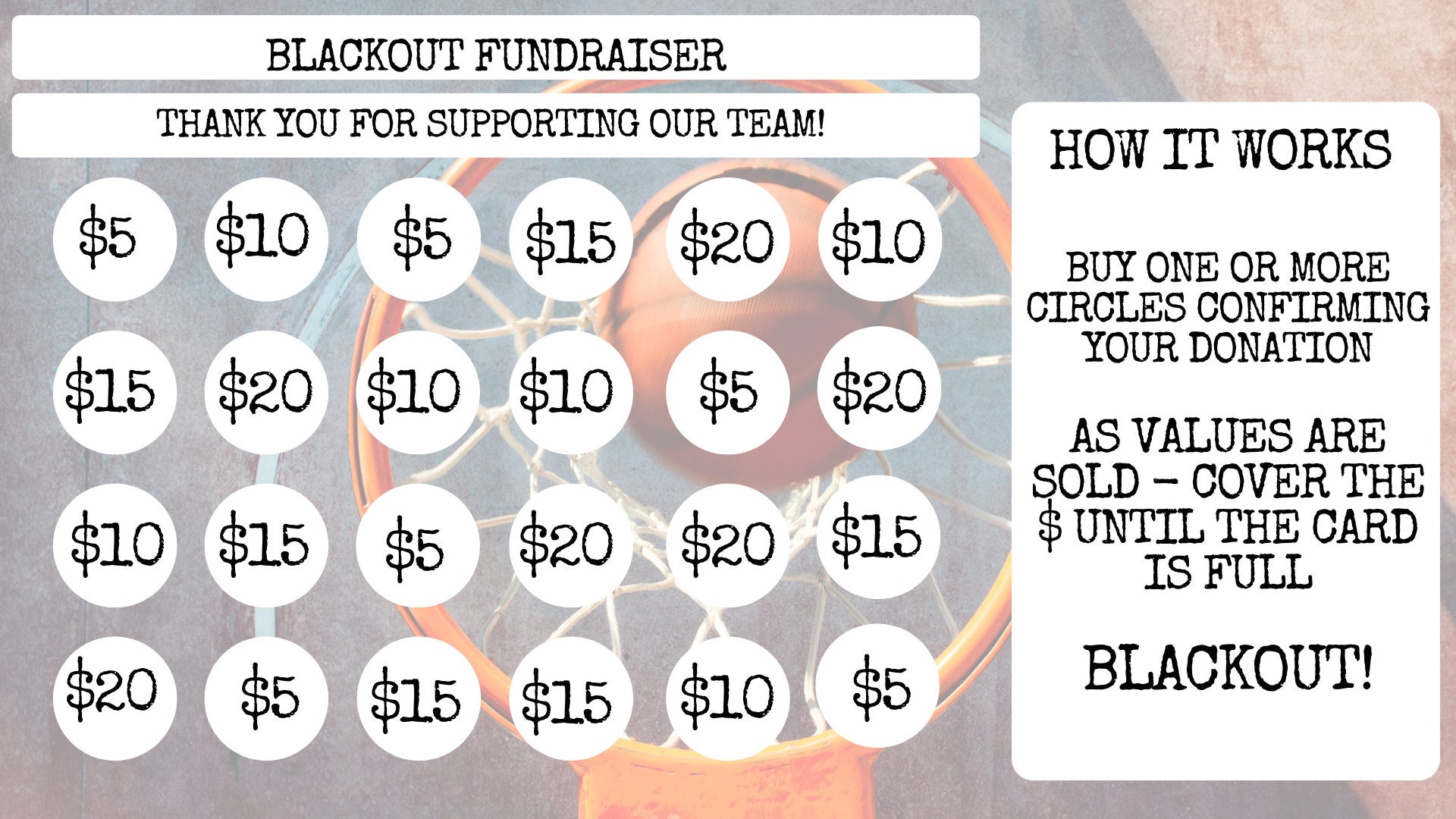 Basketball Fundraiser INSTANT DOWNLOAD Blackout Fundraiser Basketball