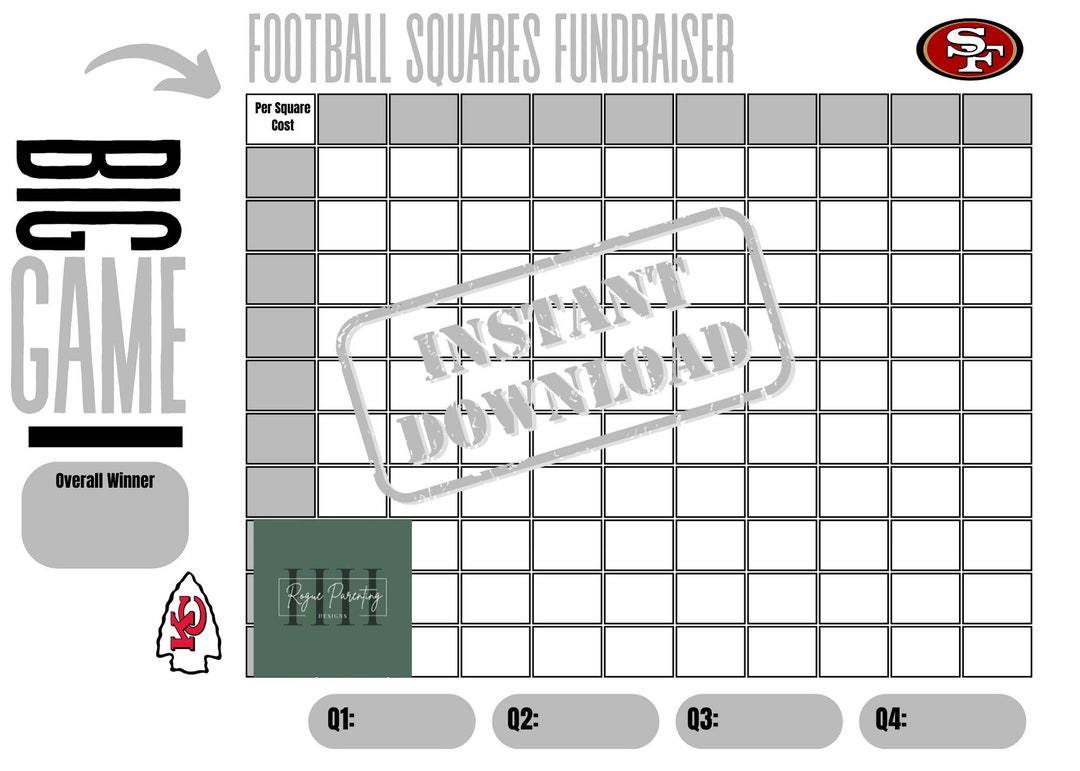 Football Square Raffle Football Squares Fundraiser: Big Game, Team Fundraising (digital ...