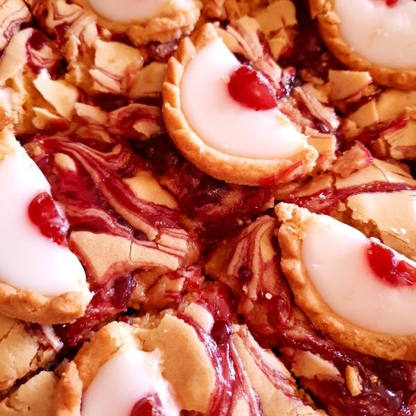 Cherry Bakewell Blondies: Almond Raspberry Swirl Postal Bakes