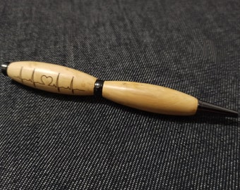 Handmade ballpoint pen in Boxwood with engraving Love electrocardiogram