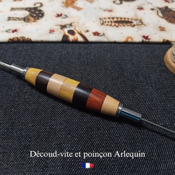 Duo découd-vite / poinçon fait-main Arlequin - en bois - Padouk, Ébène, Oranger des Osages, Buis - Accessoire couture original