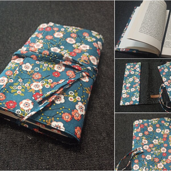 Protège livre  de poche et agenda Murasaki / couvre livre / pochette ajustable, avec marque page en tissu japonais. Motif Sakura