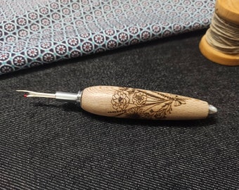 Seam ripper or handmade punch in Plane tree wood engraved with country bouquet motif