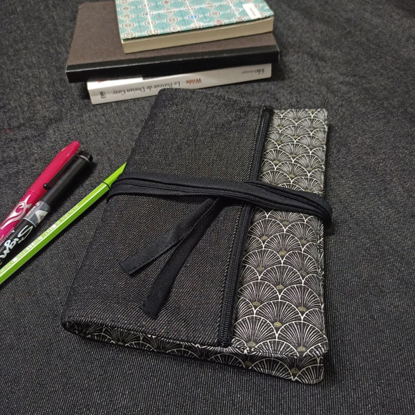 Pocket book pouch - Murasaki - fan pattern - Multi-pocket document holder - Drawing pouch with pencil case - Fabric organizer