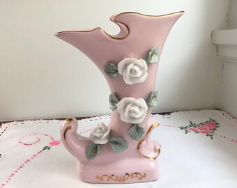 Mid-century Vase, Cornucopia- Ucacgo Pink Vase - Made in Japan - Vintage 1950s - Mint Condition! Free Shipping!