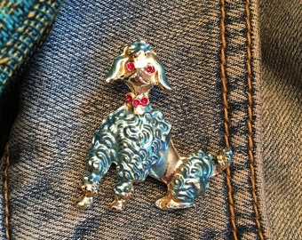 MCM Vintage Poodle Dog Brooch - Blue, Gold, Pink Rhinestones - Fabulous! *** FREE SHIPPING