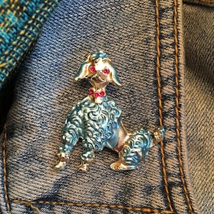 MCM Vintage Poodle Dog Brooch - Blue, Gold, Pink Rhinestones - Fabulous! *** FREE SHIPPING