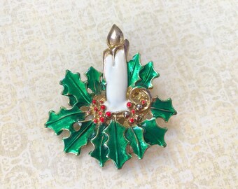 Vintage Mid-Century Christmas Holiday Pin Brooch, Candle with Holly & Berries