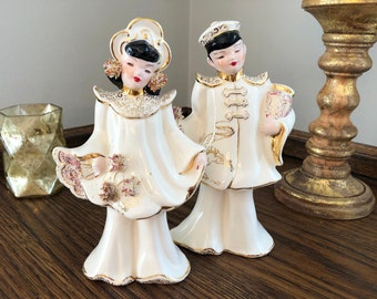 Florence Ceramics Pasadena Asian Couple Figurines, Exquisite Detailing with Ivory and Gold Fine Details- MINT Condition ***FREE Shipping!