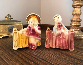 Vintage Planter Set- Shawnee Pottery Boy and Girl at Gate Planter Gold Trim ***FREE SHIPPING