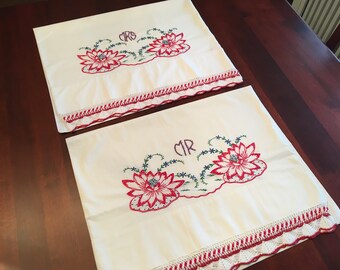 Vintage PILLOWCASES Set of 2 ELEGANT  Hand Embroidered LINEN  Dresses a Bed Tomorrow's Heirloom