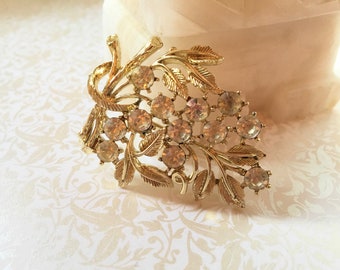 Vintage Mid-Century Gold tone and Clear Rhinestone Brooch- 1950s - Stylized Flower, Floral Spray with Leaves GORGEOUS!