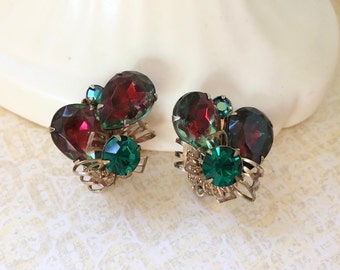 Vintage IRIDESCENT Cluster Earrings with Emerald & Tear Shaped Ruby Rhinestones- Clip on - Mid-century FABULOUS!