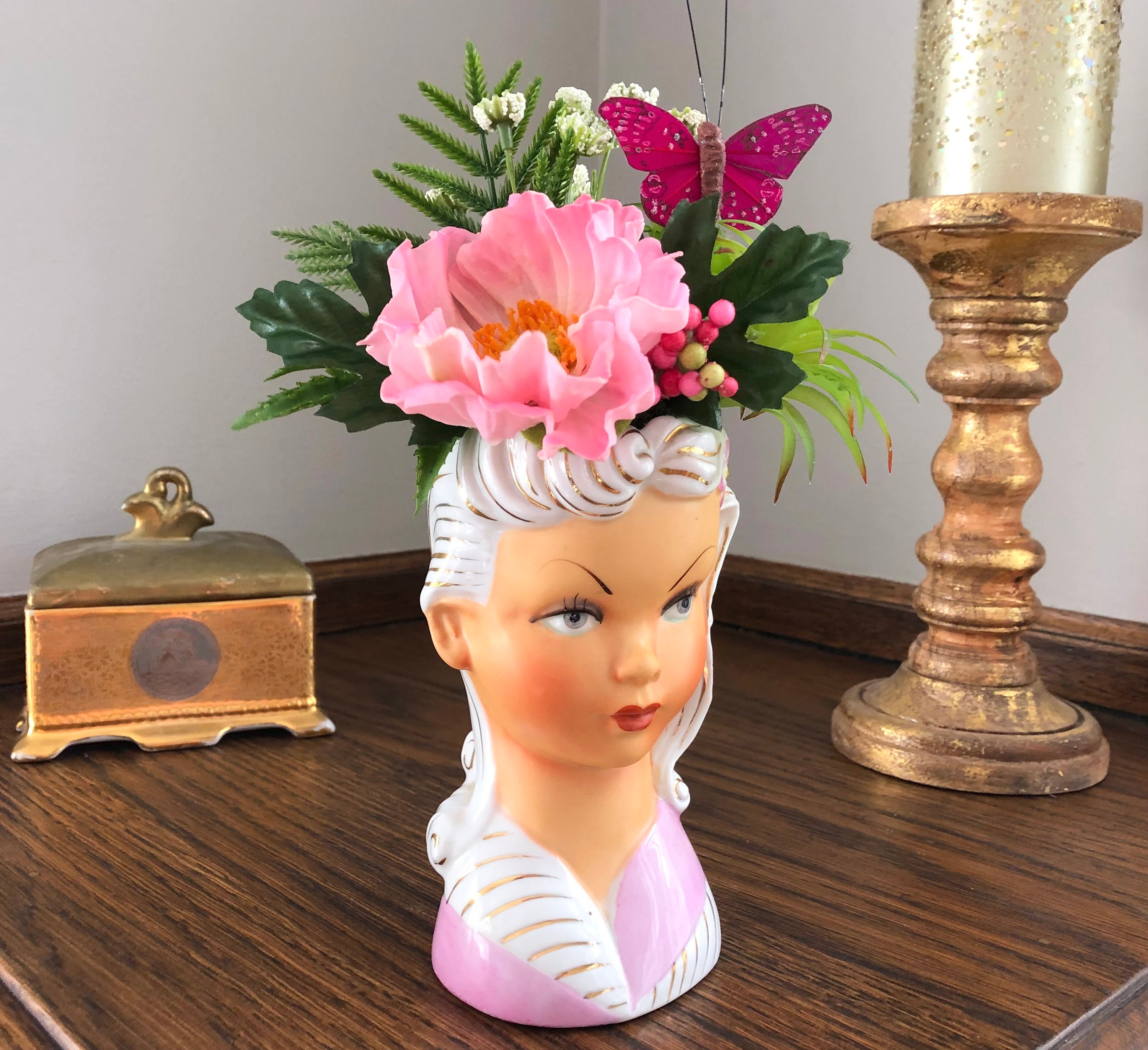 Vintage Lady Head Vase With Fabulous Floral Headdress Lefton Etsy