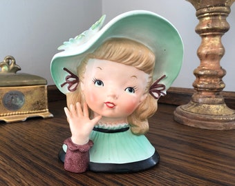 Vintage Lady Head Vase - 5.5" Young Girl Headvase with Green Bonnet & Applied Flowers - So Sweet! - MINT Condition ***FREE SHIPPING