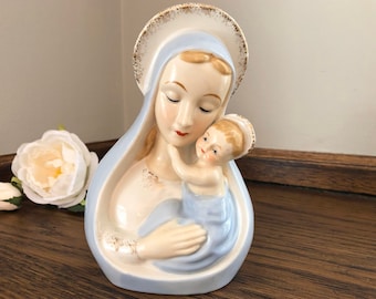 Vintage SHAFFORD Virgin Mother Mary Madonna and Child Planter Head Vase, Hand Painted,  Japan - So beautiful ***FREE SHIPPING