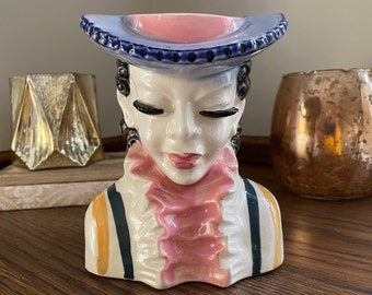 LARGE- 7" Vintage Lady Head Vase, Black ringlets, with brimmed hat in blue and pink ruffled dress. Very unusual! Japan ***FREE SHIPPING!