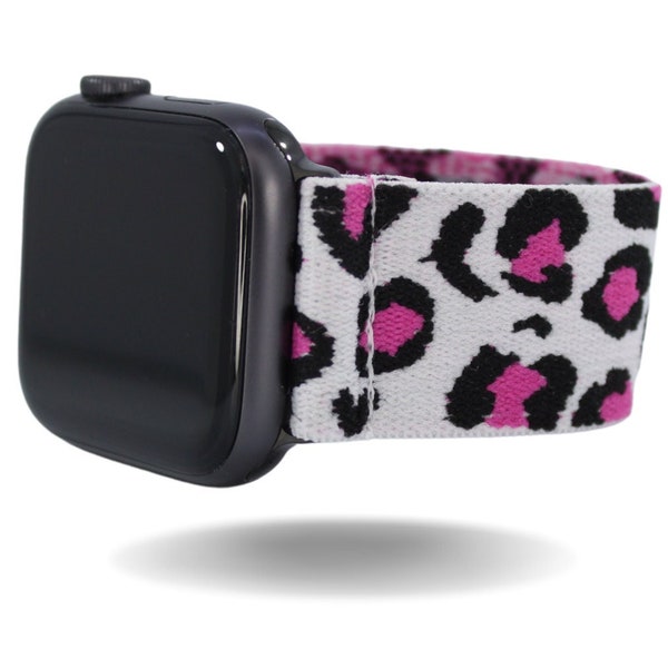 Elastic Watch Band for Apple Watch - All Series (Models 1 - 8, SE, Ultra) White Pink Leopard